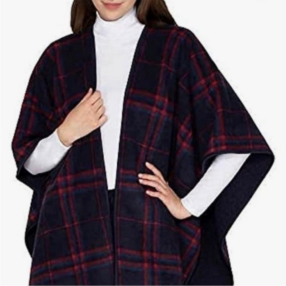 IKE BEHAR Plaid Women's Wrap Cape Shawl Navy and Red One Size